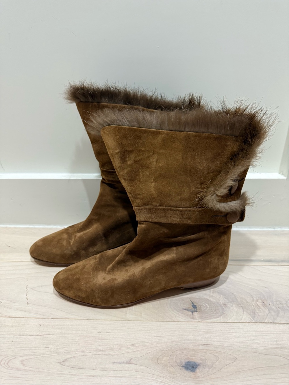 Women's Suede REAL Fur Trim and leather Mid-Calf Boots - Brown